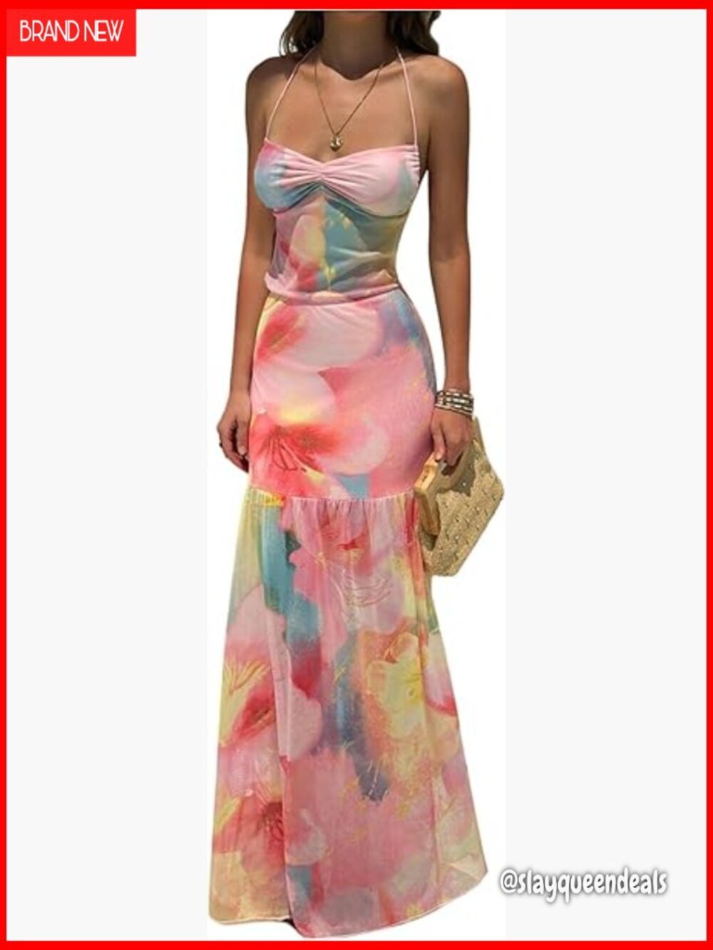 Floral Mesh Halter Backless Maxi Dress Boho Spaghetti Strap Vacation